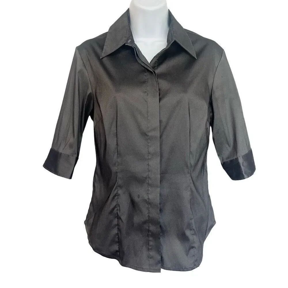 Express Women’s Gray Button Down Stretch High Sheen Tailored Size 3/4